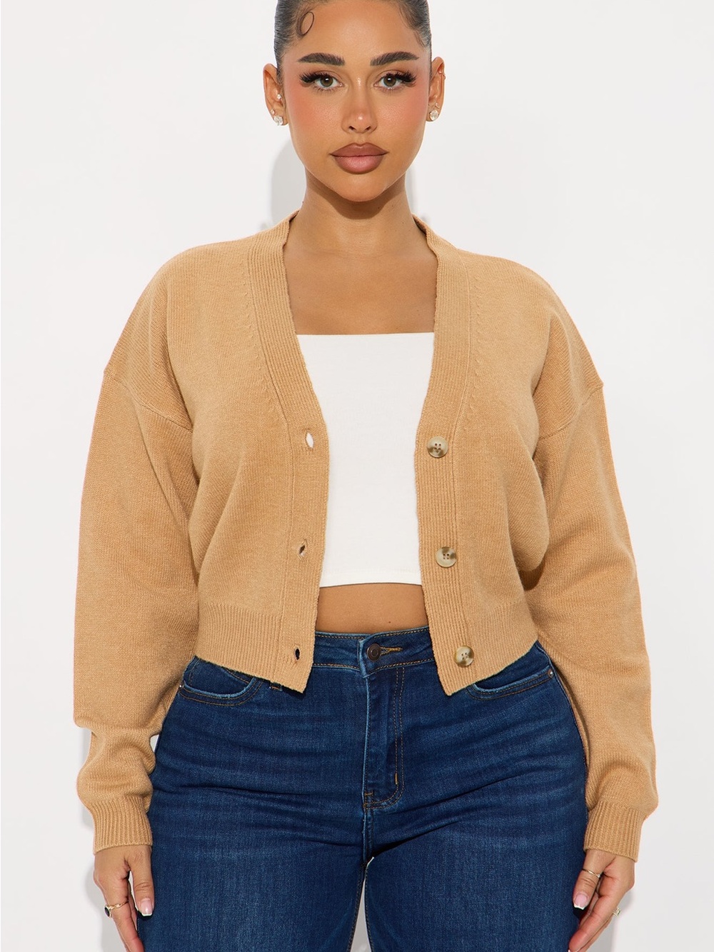 SHORE light tan Button-Front Cardigan